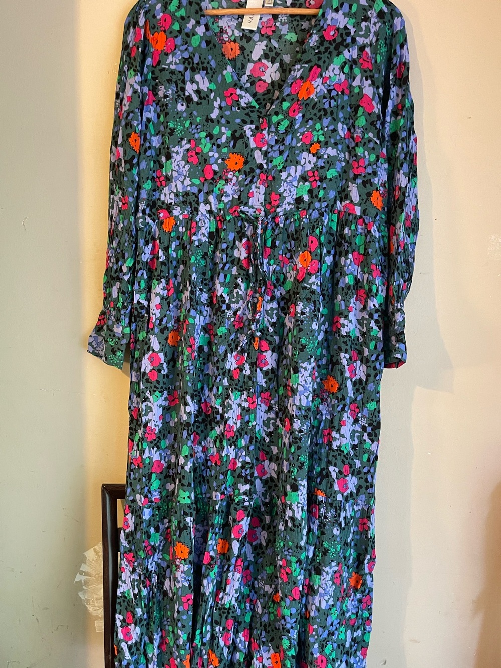 Y.A.S Green Abstract Floral Tiered Full Button Long Sleeve Midi Dress Size L
